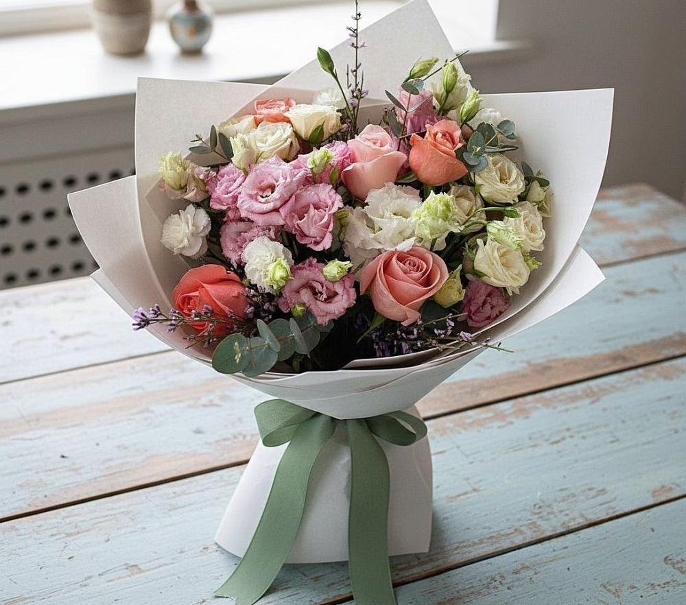 Букет цветов из: Розы, Лизиантусы и Гвоздики в Бытошь