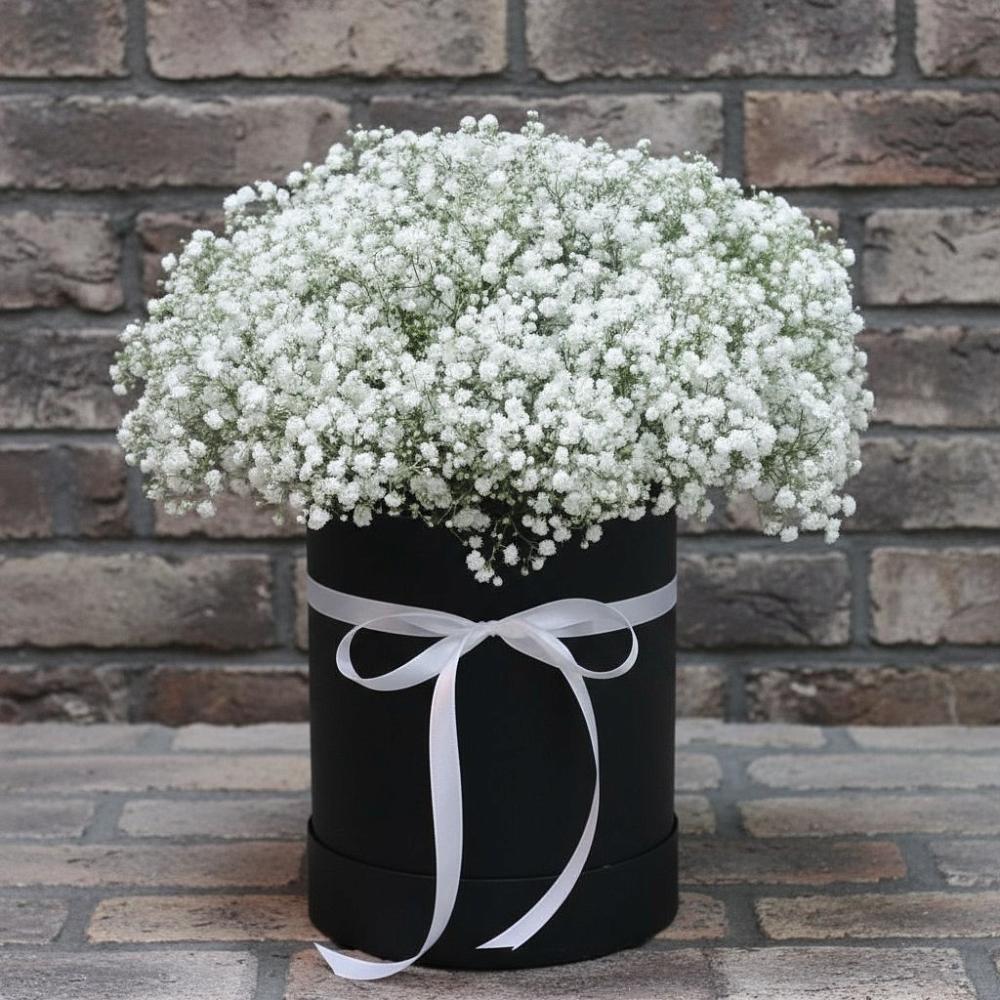 Цветочная композиция из Гипсофила в шляпной коробке в Бытошь