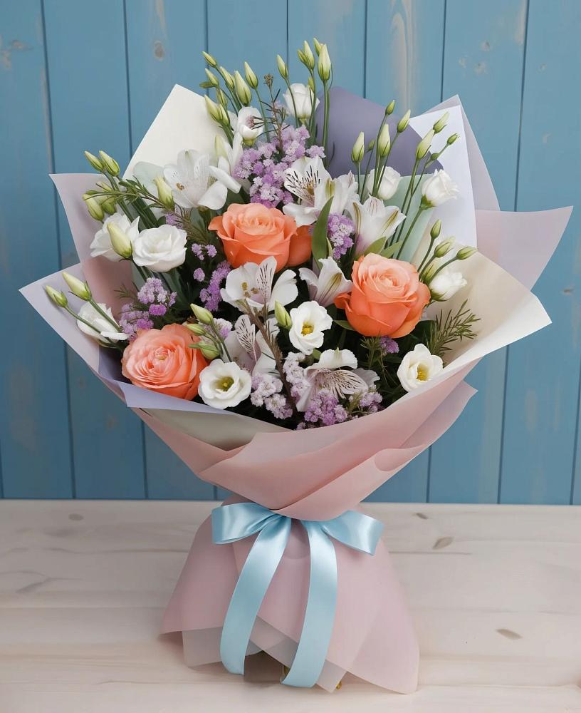 Букет цветов из: Лизиантусы, Розы, Альстромерии и Гипсофила в Бытошь