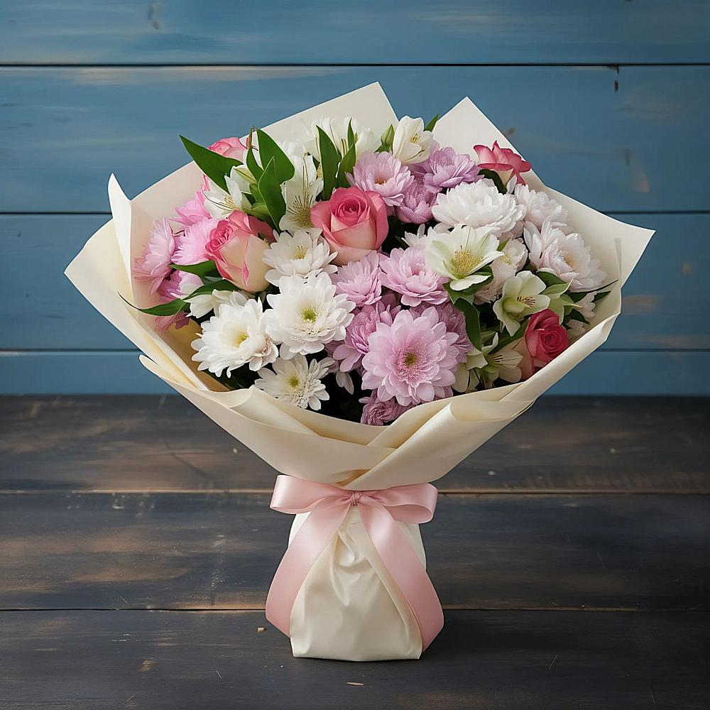 Букет цветов из: Хризантемы, Альстромерии и Розы в Бытошь